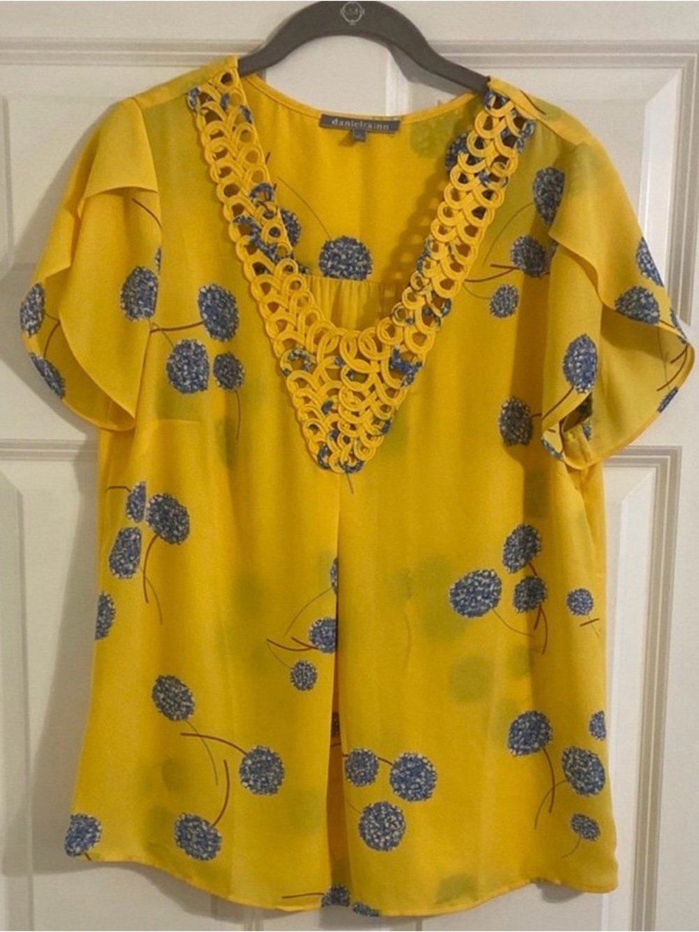Daniel Rainn Yellow Blouse with Blue Floral Motif & Crochet V-Neck